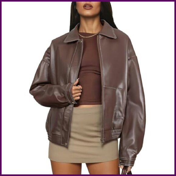 Faux Leather Motorcycle Jacket Women's Oversized Bomber Fall Winter Coat - Picture 2 of 6